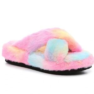 Mix No. 6 Faux Fur Criss-Cross Slip On Rainbow Tie Dye Slippers Size 8 NWOT